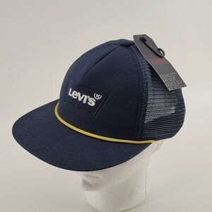 Levi's Navy Navy Blue Mesh Back Trucker Hat Yellow Rope Detail One‎ Size NWT
